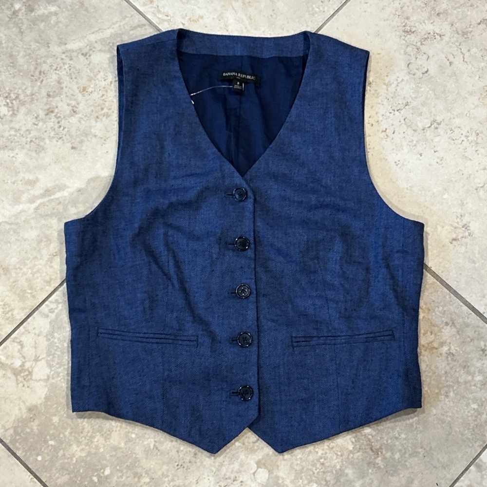 Banana Republic Linen-Blend Cropped Vest Womens 8‎ Cross Blue Herringbone Preppy